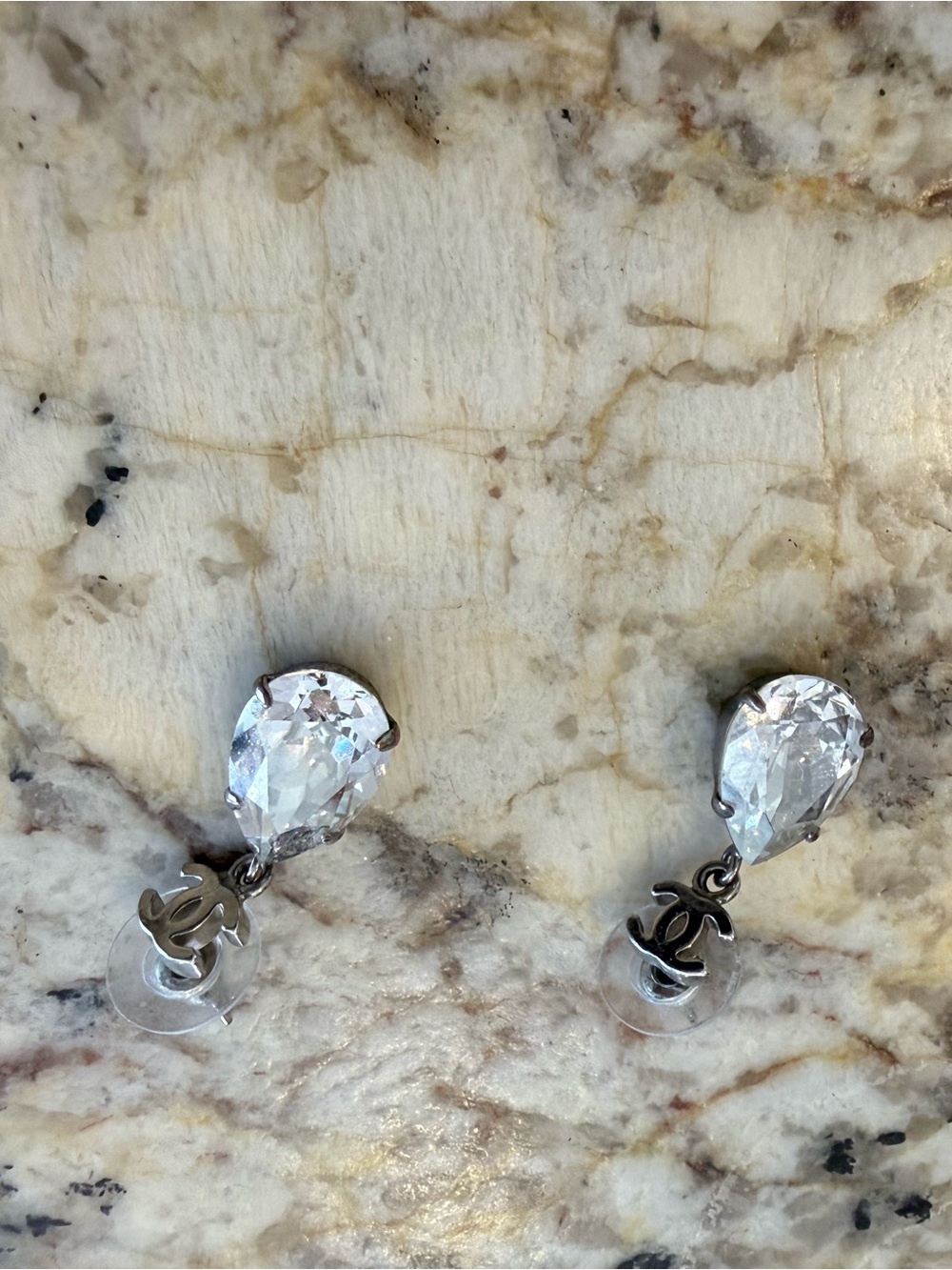 CHANEL Clear Crystal Teardrop Earrings with Silver CC Charm